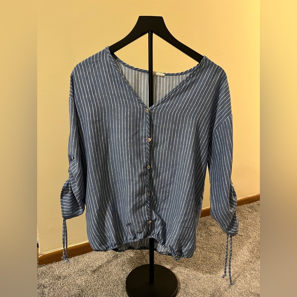 West K Blue Striped Button-Up Blouse